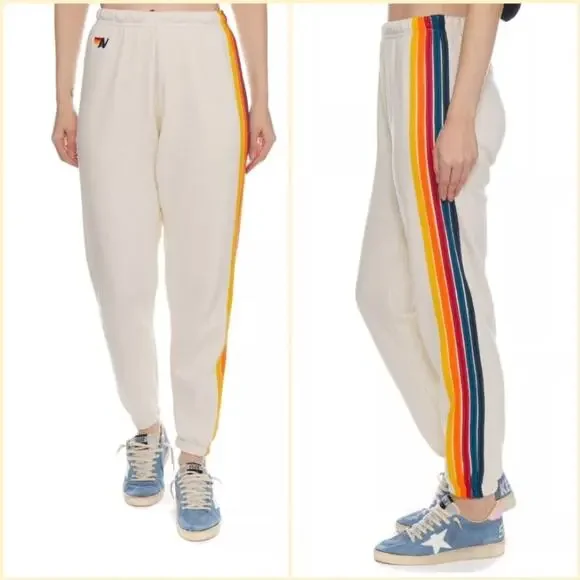 AVIATOR NATION Sweatpants S Cream Rainbow-Stripes Logo-Embroidery Jogger USA - Picture 1 of 14